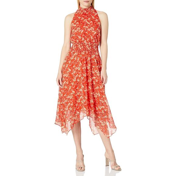 Sam Edelman Nordstrom Orange Floral Smocked Midi Handkerchief Dress Size 4 Small - Picture 1 of 10
